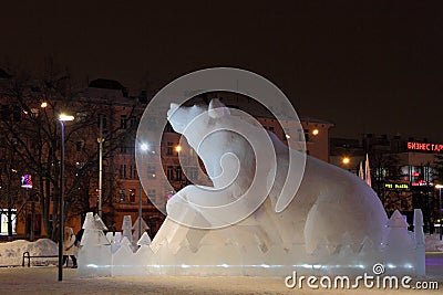 Street of Lenin in the city of Perm is decorated with a snow sculpture Russian bear. Editorial Stock Photo